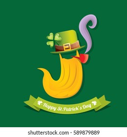 vector happy saint patrick day flat label with leprechaun, green hat, red beard and smoking pipe isolated on green background. saint patrick day poster or banner design template