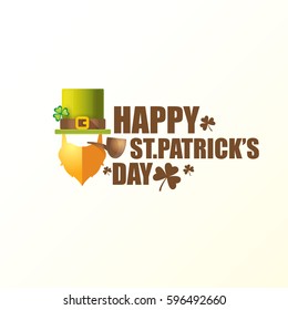 vector happy saint patrick day flat label with leprechaun, green hat, red beard and smoking pipe isolated on white background. saint patrick day poster or banner design template