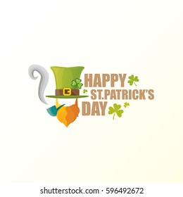 vector happy saint patrick day flat label with leprechaun, green hat, red beard and smoking pipe isolated on white background. saint patrick day poster or banner design template