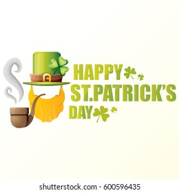 vector happy saint patrick day flat label with leprechaun, green hat, red beard and smoking pipe isolated on white background. saint patrick day poster or banner design template
