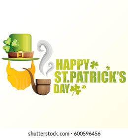 vector happy saint patrick day flat label with leprechaun, green hat, red beard and smoking pipe isolated on white background. saint patrick day poster or banner design template