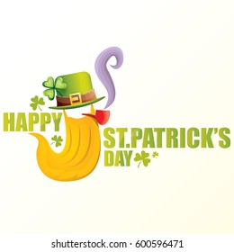 vector happy saint patrick day flat label with leprechaun, green hat, red beard and smoking pipe isolated on white background. saint patrick day poster or banner design template