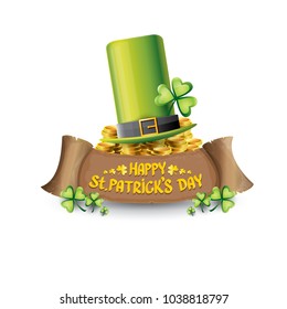 vector happy saint patrick's day label or poster with green hat, lucky clovers and vintage ribbon isolated on white background. vector saint patriks day banner or greeting card