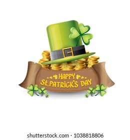 vector happy saint patrick's day label or poster with green hat, lucky clovers and vintage ribbon isolated on white background. vector saint patriks day banner or greeting card