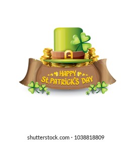 vector happy saint patrick's day label or poster with green hat, lucky clovers and vintage ribbon isolated on white background. vector saint patriks day banner or greeting card