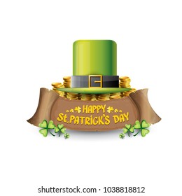 vector happy saint patrick's day label or poster with green hat, lucky clovers and vintage ribbon isolated on white background. vector saint patriks day banner or greeting card