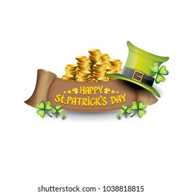 vector happy saint patrick's day label or poster with green hat, lucky clovers and vintage ribbon isolated on white background. vector saint patriks day banner or greeting card