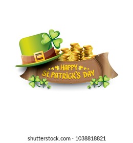 vector happy saint patrick's day label or poster with green hat, lucky clovers and vintage ribbon isolated on white background. vector saint patriks day banner or greeting card