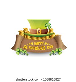 vector happy saint patrick's day label or poster with green hat, lucky clovers and vintage ribbon isolated on white background. vector saint patriks day banner or greeting card