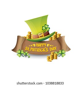 vector happy saint patrick's day label or poster with green hat, lucky clovers and vintage ribbon isolated on white background. vector saint patriks day banner or greeting card