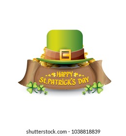 vector happy saint patrick's day label or poster with green hat, lucky clovers and vintage ribbon isolated on white background. vector saint patriks day banner or greeting card