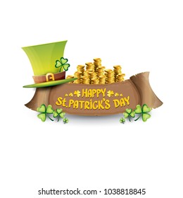 vector happy saint patrick's day label or poster with green hat, lucky clovers and vintage ribbon isolated on white background. vector saint patriks day banner or greeting card
