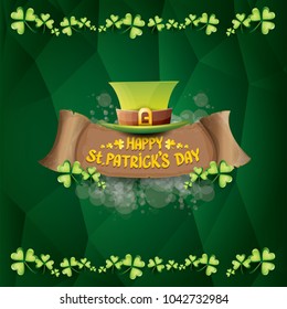 vector happy saint patrick's day label or poster with green hat, lucky clovers and vintage ribbon on abstract green background. vector saint patriks day banner or greeting card