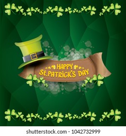 vector happy saint patrick's day label or poster with green hat, lucky clovers and vintage ribbon on abstract green background. vector saint patriks day banner or greeting card