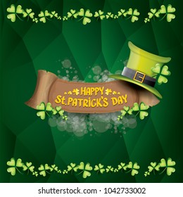vector happy saint patrick's day label or poster with green hat, lucky clovers and vintage ribbon on abstract green background. vector saint patriks day banner or greeting card