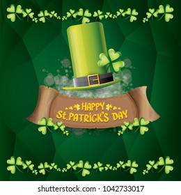 vector happy saint patrick's day label or poster with green hat, lucky clovers and vintage ribbon on abstract green background. vector saint patriks day banner or greeting card
