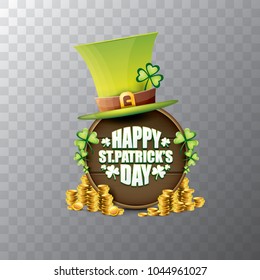 vector happy saint patrick's day label or poster with green hat, lucky clovers and vintage wooden board isolated on transparent background. vector saint patrick's day banner