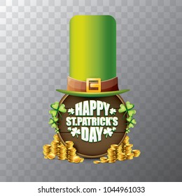 vector happy saint patrick's day label or poster with green hat, lucky clovers and vintage wooden board isolated on transparent background. vector saint patrick's day banner