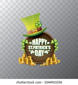 vector happy saint patrick's day label or poster with green hat, lucky clovers and vintage wooden board isolated on transparent background. vector saint patrick's day banner