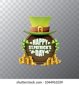 vector happy saint patrick's day label or poster with green hat, lucky clovers and vintage wooden board isolated on transparent background. vector saint patrick's day banner