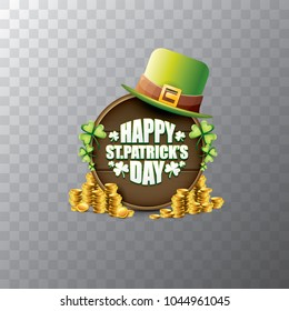 vector happy saint patrick's day label or poster with green hat, lucky clovers and vintage wooden board isolated on transparent background. vector saint patrick's day banner