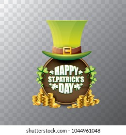 vector happy saint patrick's day label or poster with green hat, lucky clovers and vintage wooden board isolated on transparent background. vector saint patrick's day banner