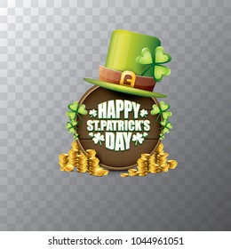vector happy saint patrick's day label or poster with green hat, lucky clovers and vintage wooden board isolated on transparent background. vector saint patrick's day banner