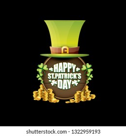 vector happy saint patrick's day label or poster with green hat, lucky clovers, golden coins and vintage wooden sign isolated on black background. vector saint patrick's day banner or greeting card