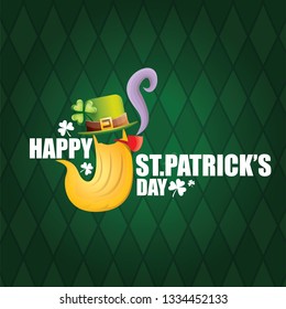vector happy saint patricks day label with leprechaun, green hat, red beard and smoking pipe on green pattern background. saint patrick day poster or banner design template