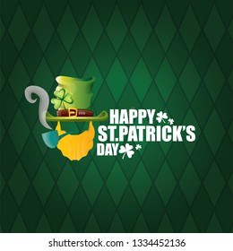 vector happy saint patricks day label with leprechaun, green hat, red beard and smoking pipe on green pattern background. saint patrick day poster or banner design template