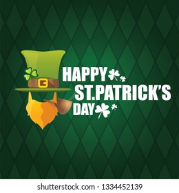 vector happy saint patricks day label with leprechaun, green hat, red beard and smoking pipe on green pattern background. saint patrick day poster or banner design template