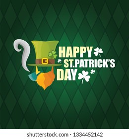 vector happy saint patricks day label with leprechaun, green hat, red beard and smoking pipe on green pattern background. saint patrick day poster or banner design template