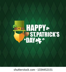 vector happy saint patricks day label with leprechaun, green hat, red beard and smoking pipe on green pattern background. saint patrick day poster or banner design template