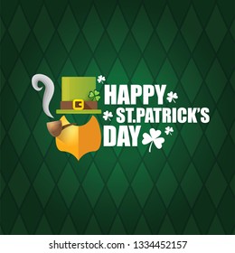 vector happy saint patricks day label with leprechaun, green hat, red beard and smoking pipe on green pattern background. saint patrick day poster or banner design template