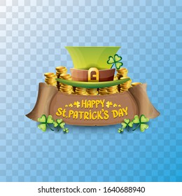 vector happy saint patrick's day label or poster with green hat, lucky clovers and vintage ribbon isolated on transparent background. vector saint patriks day banner or greeting card