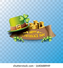 vector happy saint patrick's day label or poster with green hat, lucky clovers and vintage ribbon isolated on transparent background. vector saint patriks day banner or greeting card