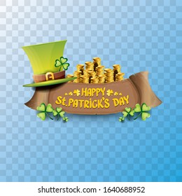 vector happy saint patrick's day label or poster with green hat, lucky clovers and vintage ribbon isolated on transparent background. vector saint patriks day banner or greeting card
