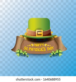 vector happy saint patrick's day label or poster with green hat, lucky clovers and vintage ribbon isolated on transparent background. vector saint patriks day banner or greeting card