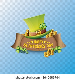 vector happy saint patrick's day label or poster with green hat, lucky clovers and vintage ribbon isolated on transparent background. vector saint patriks day banner or greeting card