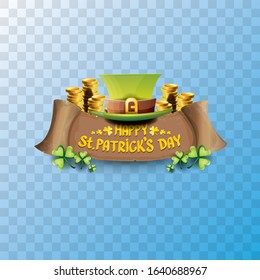 vector happy saint patrick's day label or poster with green hat, lucky clovers and vintage ribbon isolated on transparent background. vector saint patriks day banner or greeting card