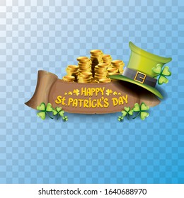 vector happy saint patrick's day label or poster with green hat, lucky clovers and vintage ribbon isolated on transparent background. vector saint patriks day banner or greeting card