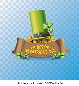 vector happy saint patrick's day label or poster with green hat, lucky clovers and vintage ribbon isolated on transparent background. vector saint patriks day banner or greeting card