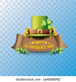vector happy saint patrick's day label or poster with green hat, lucky clovers and vintage ribbon isolated on transparent background. vector saint patriks day banner or greeting card