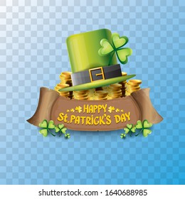 vector happy saint patrick's day label or poster with green hat, lucky clovers and vintage ribbon isolated on transparent background. vector saint patriks day banner or greeting card