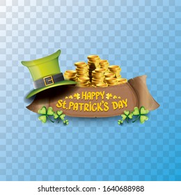 vector happy saint patrick's day label or poster with green hat, lucky clovers and vintage ribbon isolated on transparent background. vector saint patriks day banner or greeting card