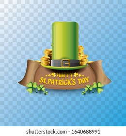 vector happy saint patrick's day label or poster with green hat, lucky clovers and vintage ribbon isolated on transparent background. vector saint patriks day banner or greeting card