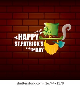 vector happy saint patricks day label with leprechaun, green hat, red beard and smoking pipe on brick wall background. saint patrick day poster or banner design template