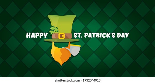 vector happy saint Patricks day horizontal banner with a leprechaun, green hat, red beard and smoking pipe isolated on green pattern background. saint Patrick day poster or banner design template