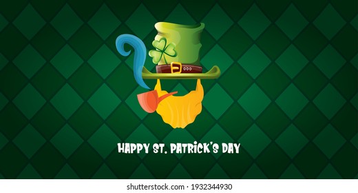 vector happy saint Patricks day horizontal banner with a leprechaun, green hat, red beard and smoking pipe isolated on green pattern background. saint Patrick day poster or banner design template