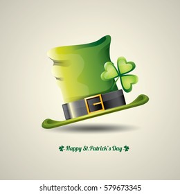 vector happy saint patrick's day poster with green hat and lucky clover isolated on background.  vector vintage leprechaun green glossy hat label 